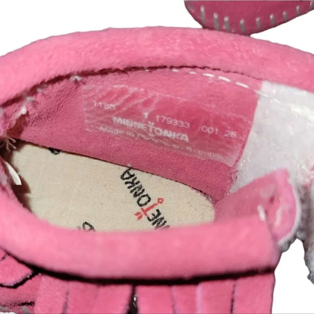 Minnetonka Fringe Moccasins Back Flap Bootie Hot Pink 1